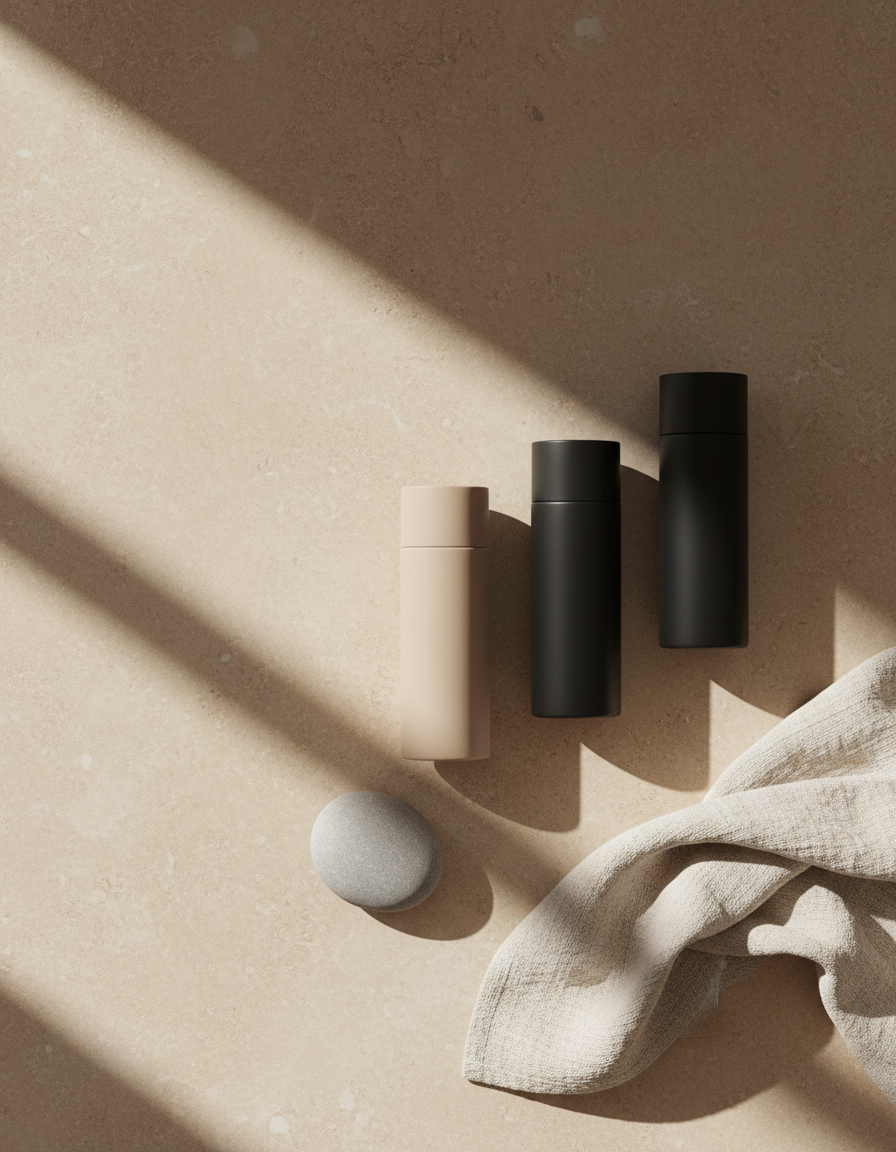 Matte sand and black skincare bottles beside a smooth stone on a beige countertop