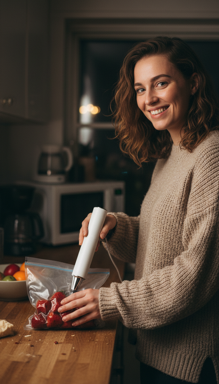 Woman sealing a bag of strawberries in her kitchen