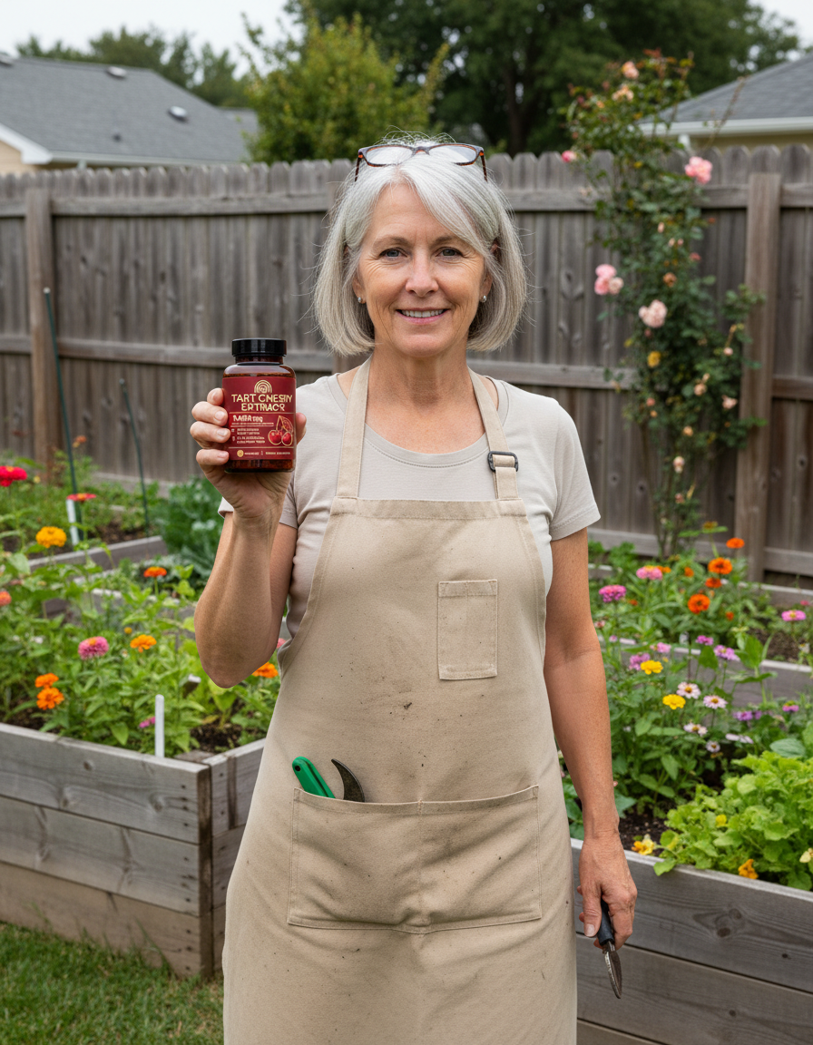 Woman in her late fifties in her garden holding a bottle of Vessara Tart Cherry Extract