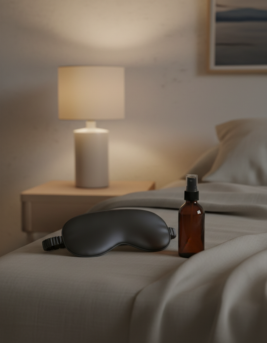 A charcoal silk sleep mask on oatmeal linen bedding beside an amber pillow mist bottle