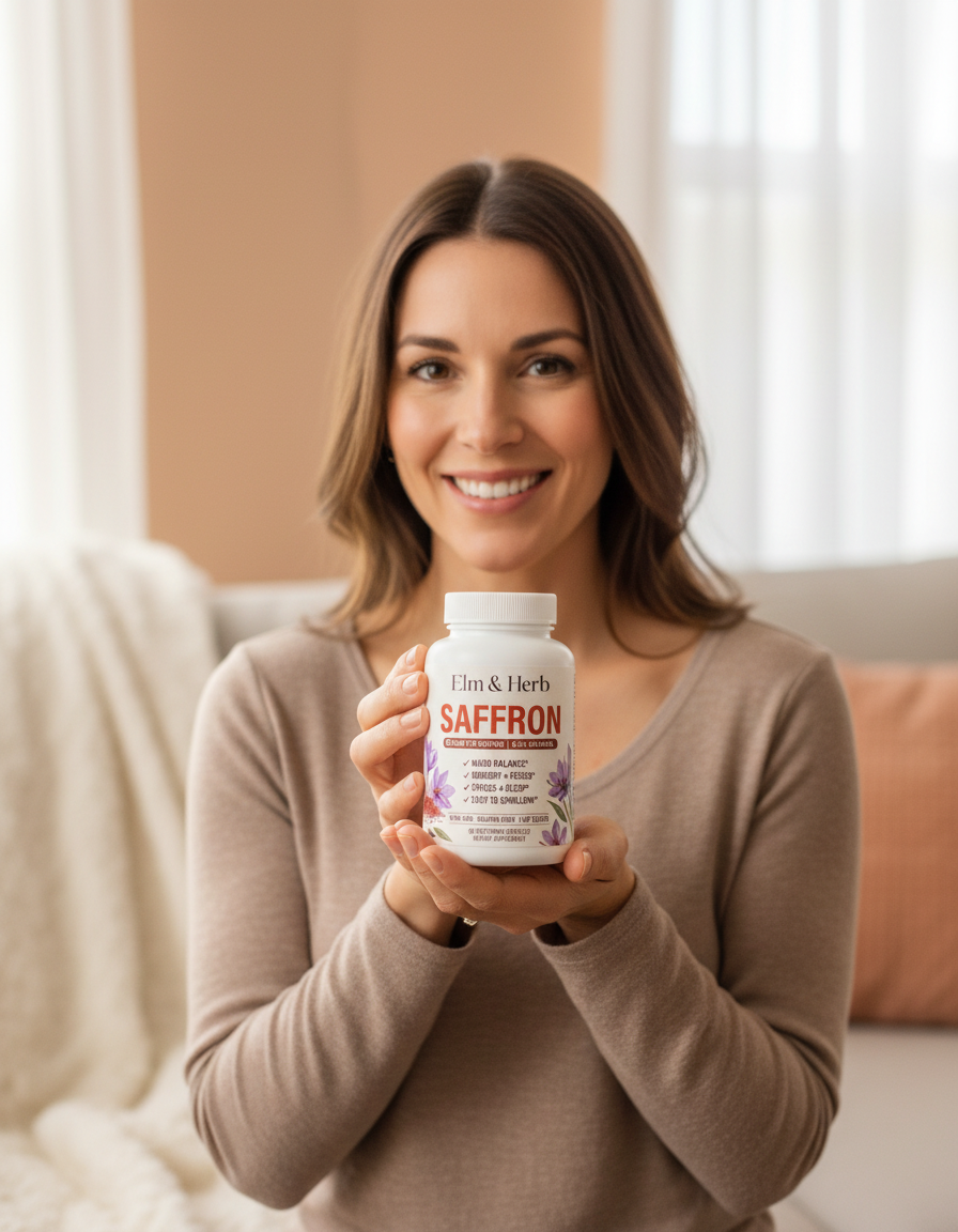 Smiling woman holding a bottle of Elm & Herb Saffron