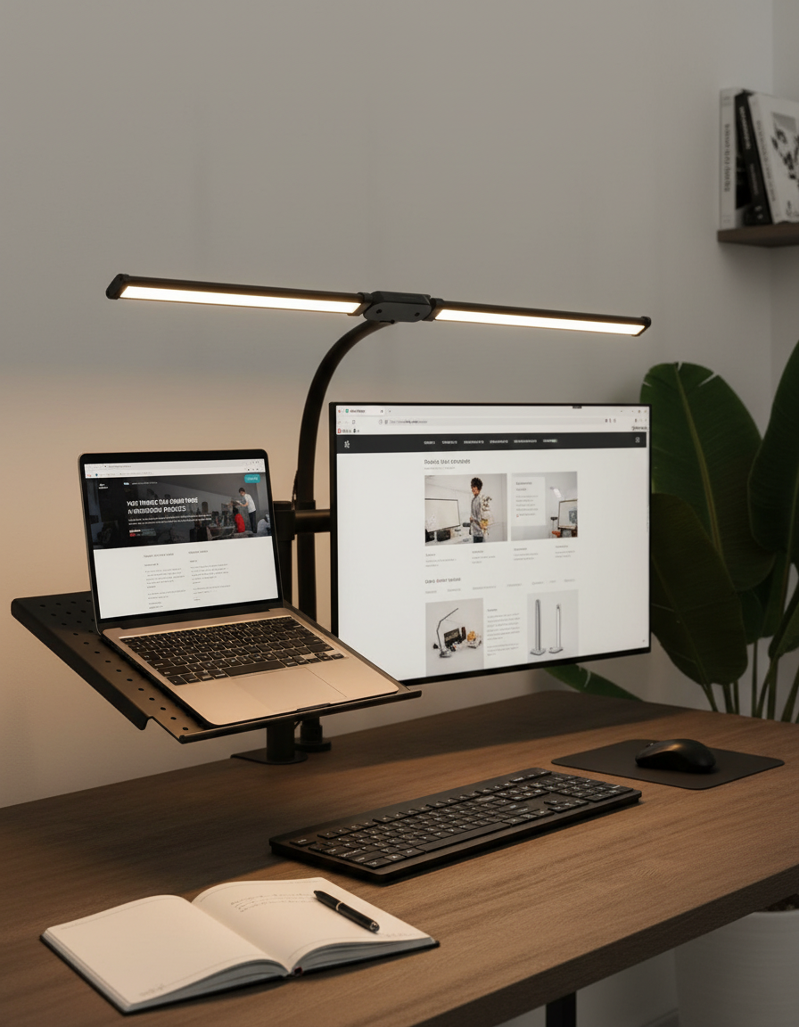 Minimal home office desk lit by a dual-head LED desk lamp in the evening