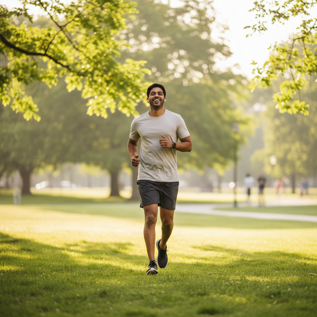 Man jogging outdoors and breathing freely