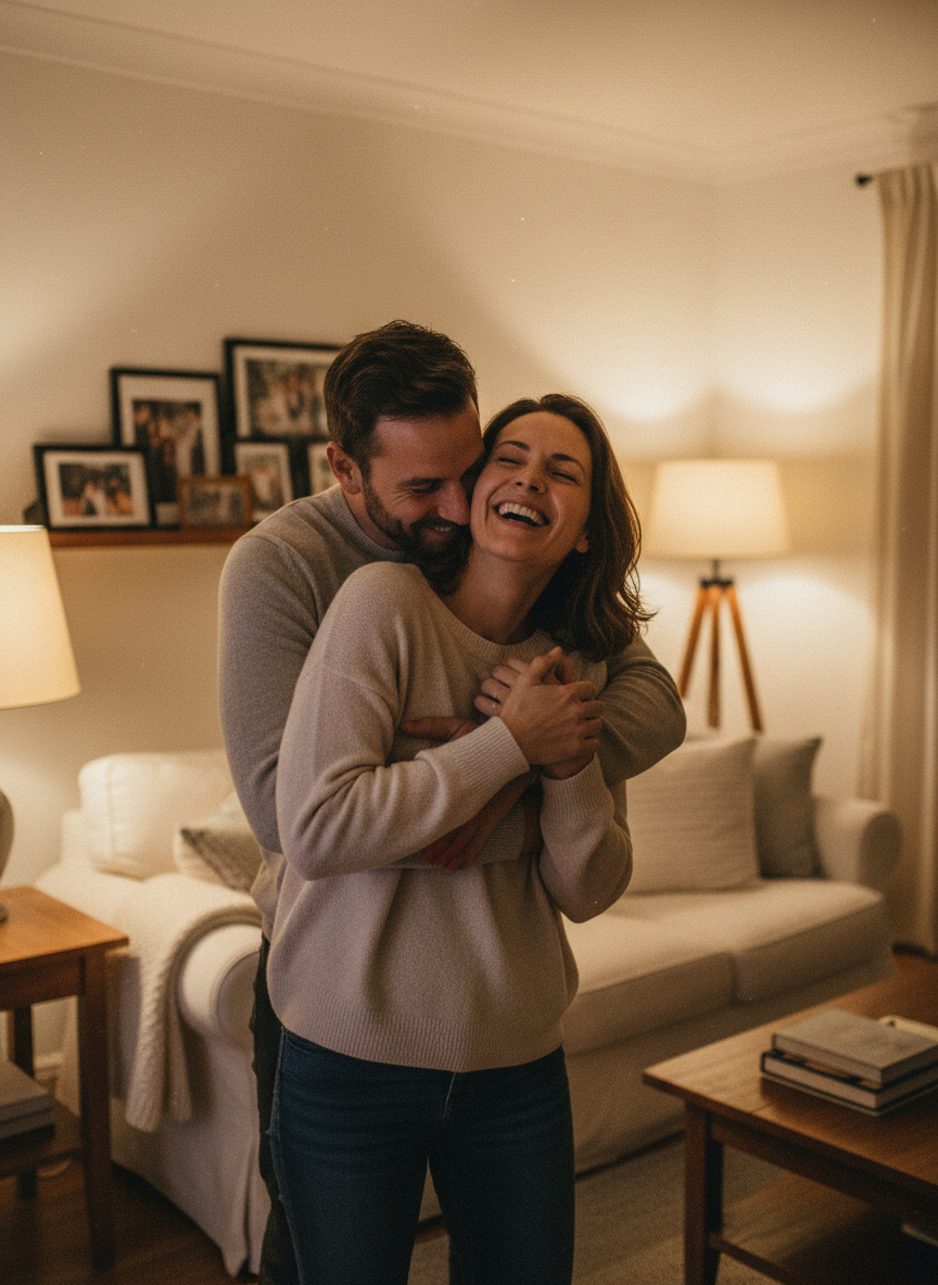 Couple laughing as he hugs her from behind