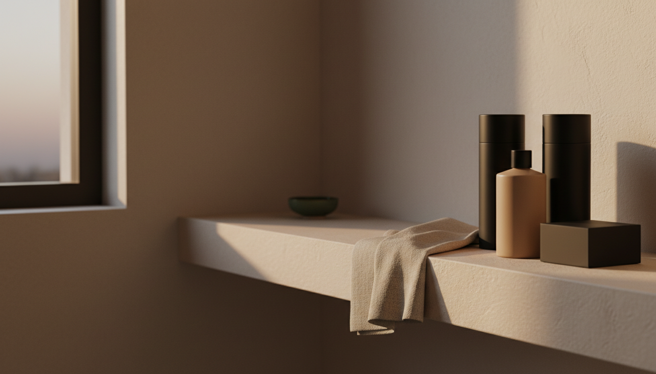 A calm limestone bathroom shelf at dusk with matte black NOVA FORM bottles and a folded linen towel