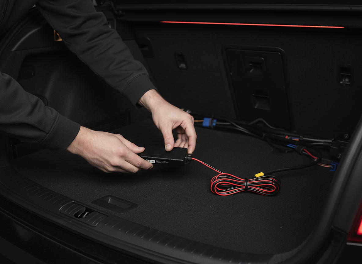 Hands connecting the control module and wiring harness inside the boot