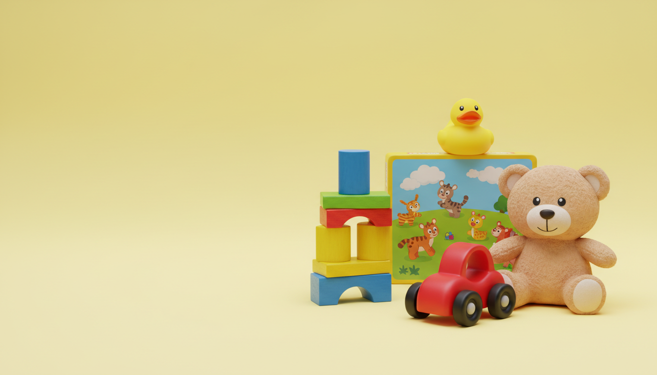 Colorful building blocks, plush bear and toy car