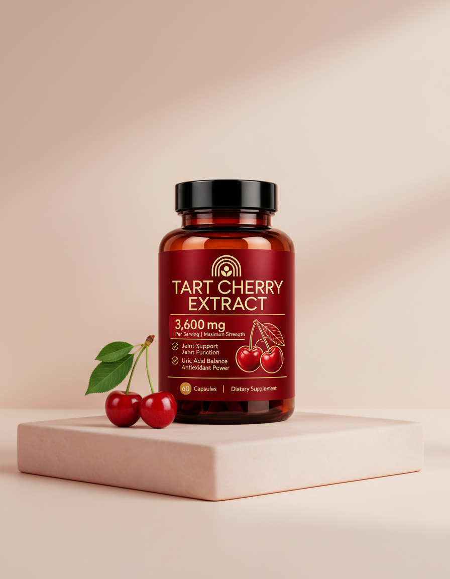 Vessara Tart Cherry Extract bottle on a blush pedestal with a sprig of tart cherries
