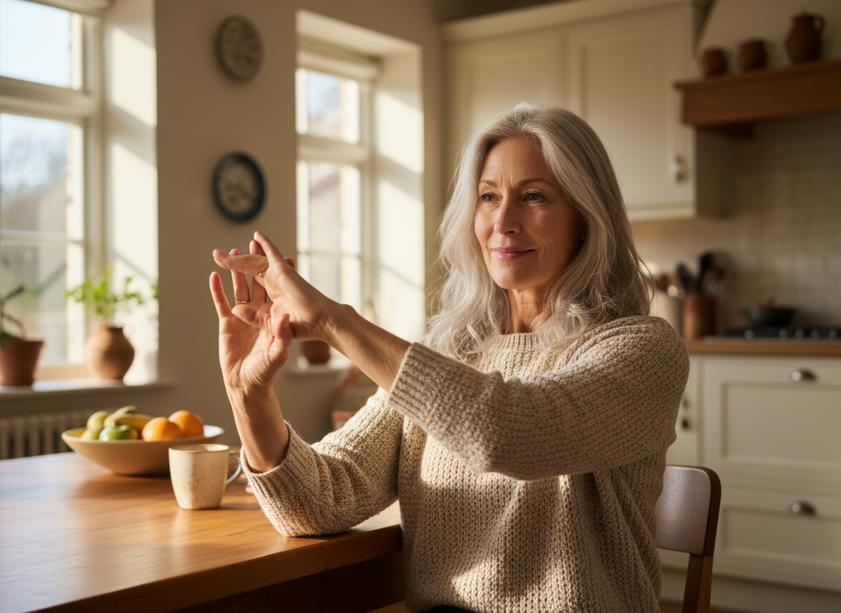 Woman in her late fifties comfortably stretching her hands at a sunlit kitchen table