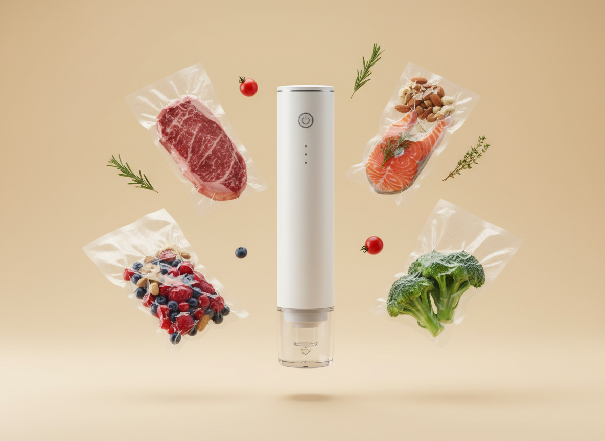 Handheld vacuum sealer surrounded by sealed bags of steak, salmon, broccoli, berries and nuts