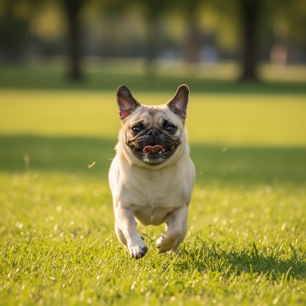 Dopo: carlino energico che corre felice sul prato
