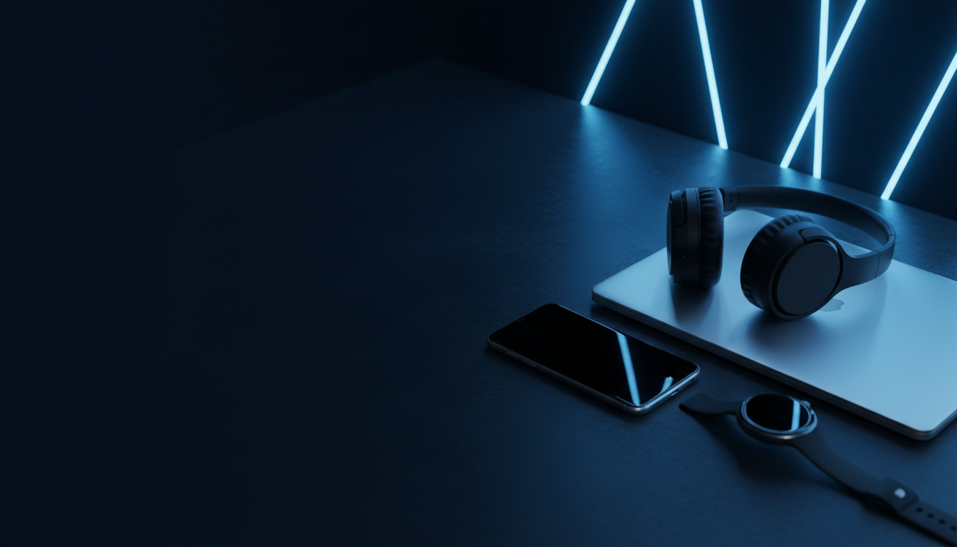 Laptop, smartphone, headphones and smartwatch under blue neon light