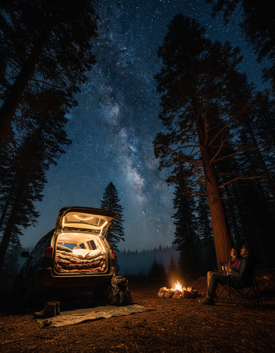 Hatchback with a warmly lit trunk at a forest campsite under a starry sky