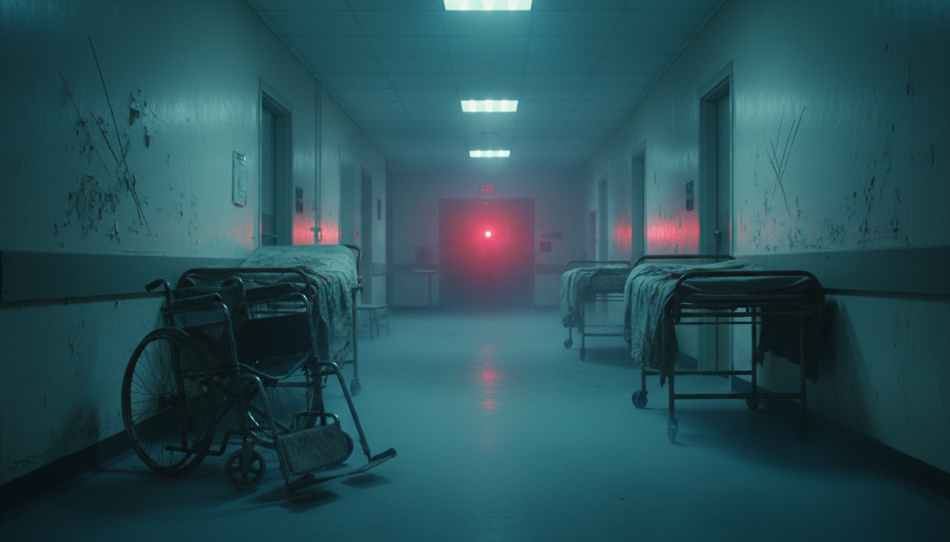 Abandoned hospital corridor with flickering lights and an overturned wheelchair