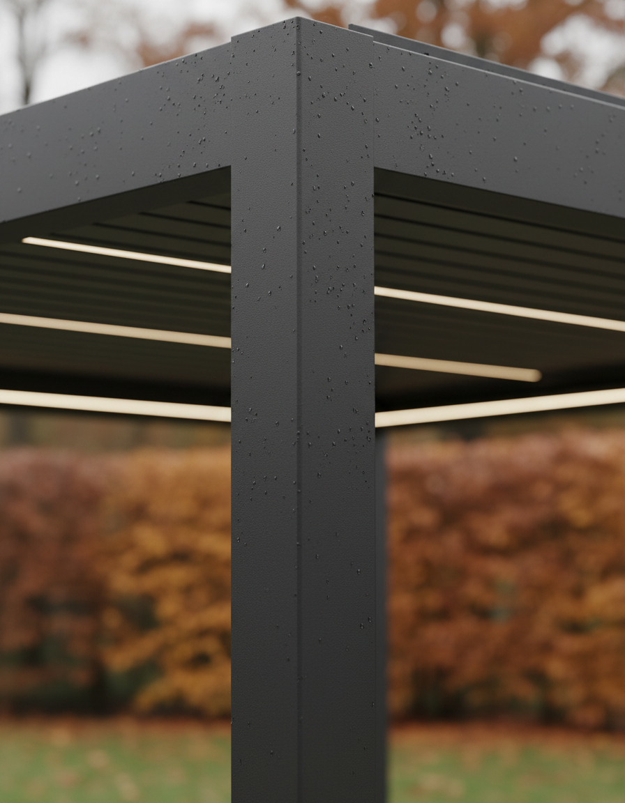 Detail van een massieve aluminium kolom van een Skyggo pergola met regendruppels