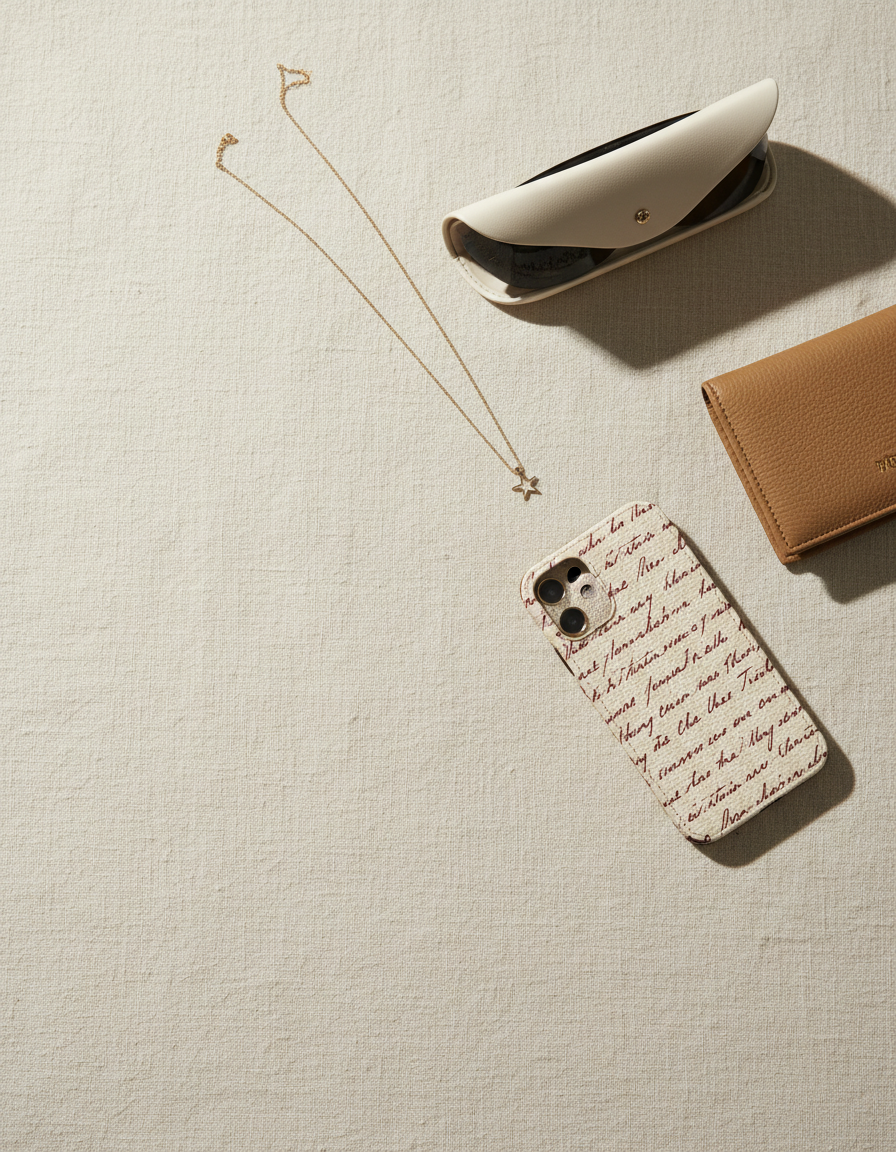 Flat-lay on cream linen of a cream phone case covered in oxblood handwriting, a gold star necklace, a cream sunglasses case and a tan leather wallet