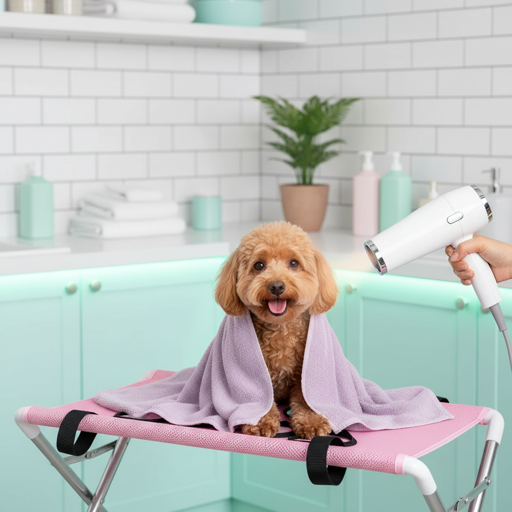 Happy poodle wrapped in a towel being blow-dried on the grooming hammock