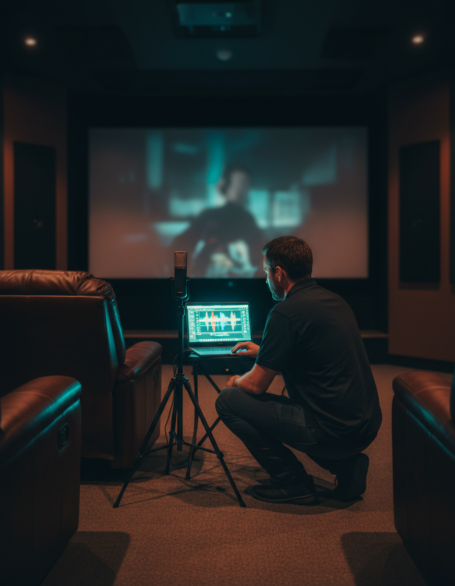 Audiolab technician calibrating a home theater with a measurement microphone at the main seat