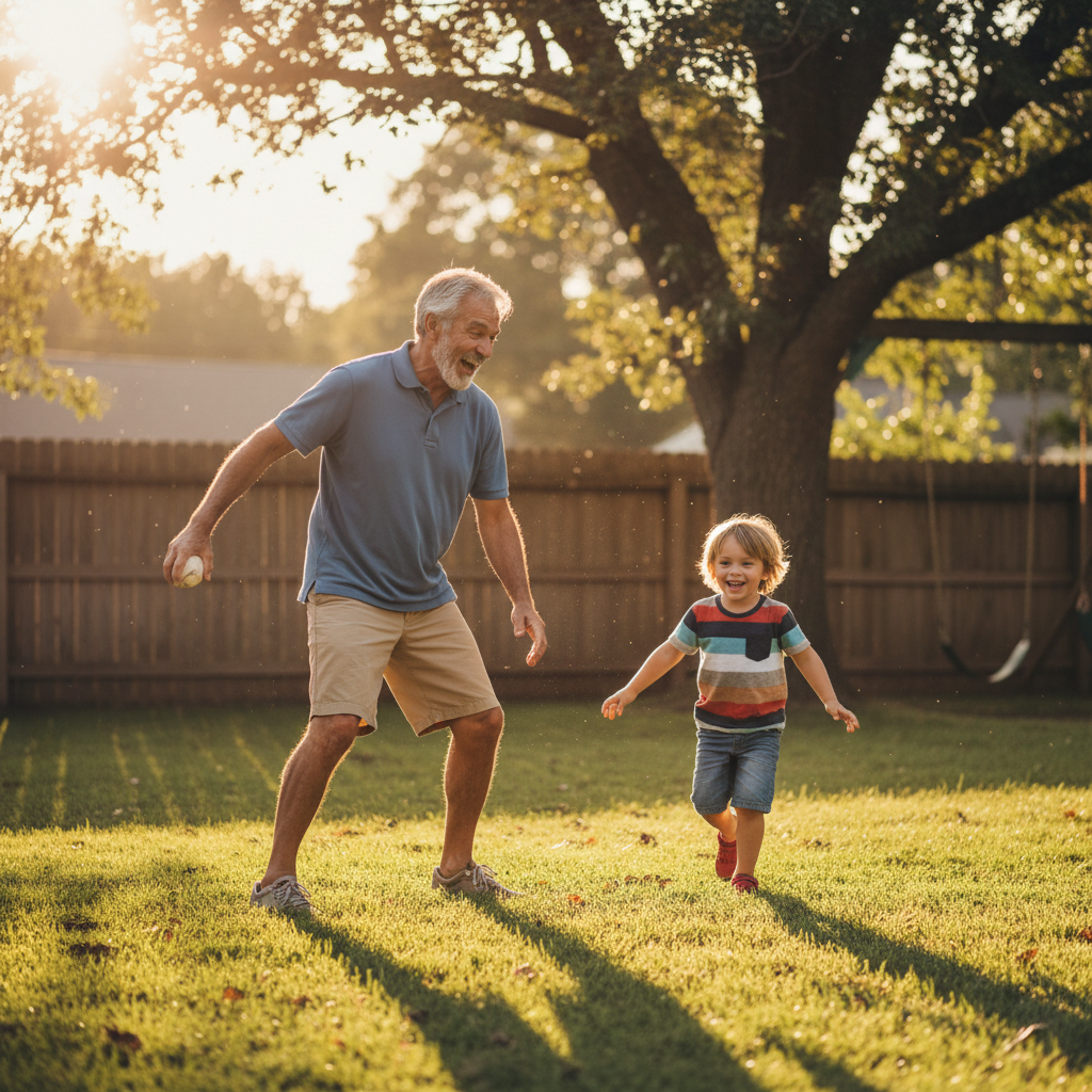Grandfather playing catch with his grandson in a sunny backyard