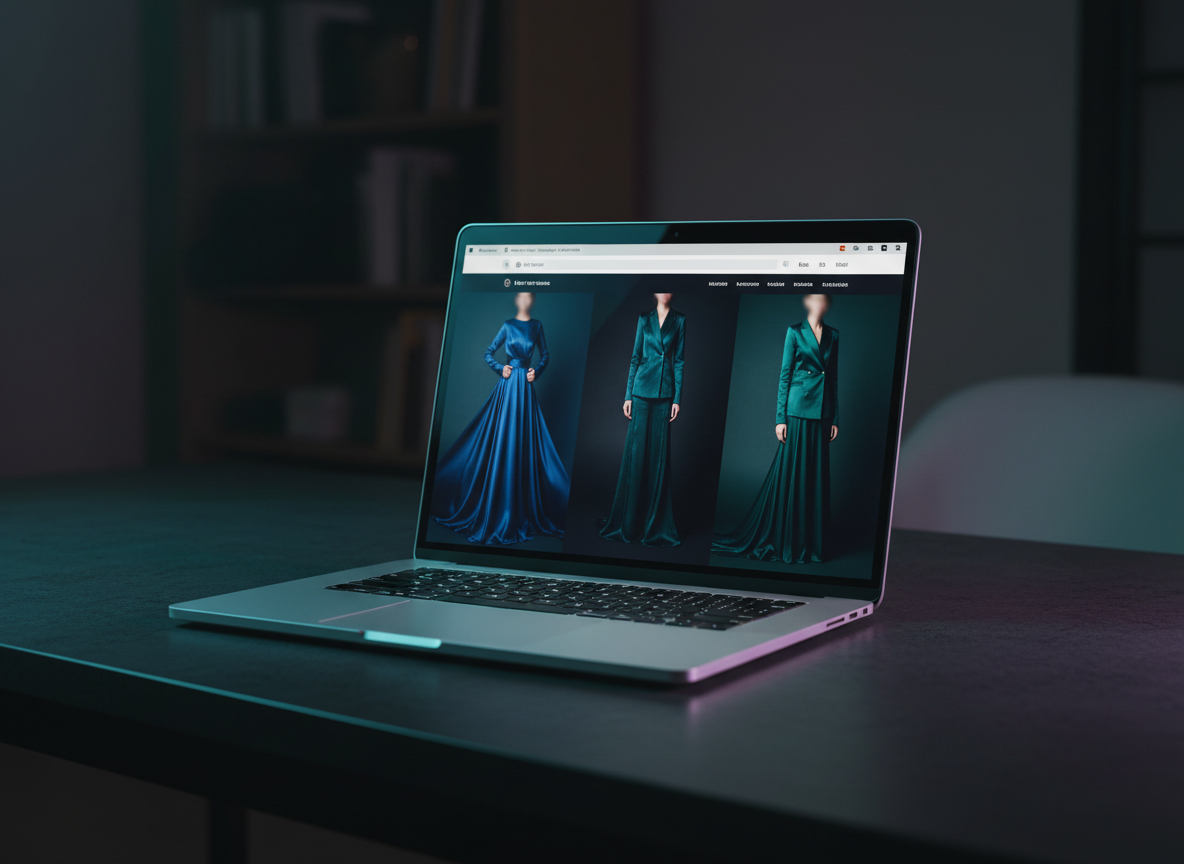 Luxury e-commerce website displayed on a laptop in a dark studio