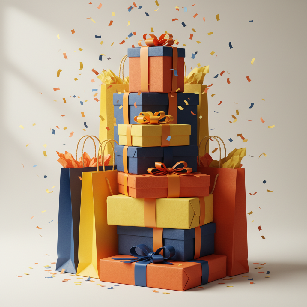 Gift boxes and shopping bags with confetti