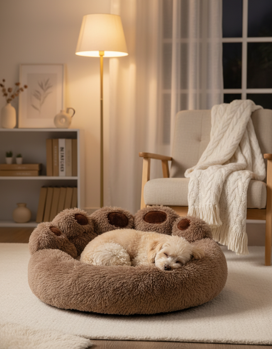 A small dog sleeping curled up in a plush bed in a cozy living room
