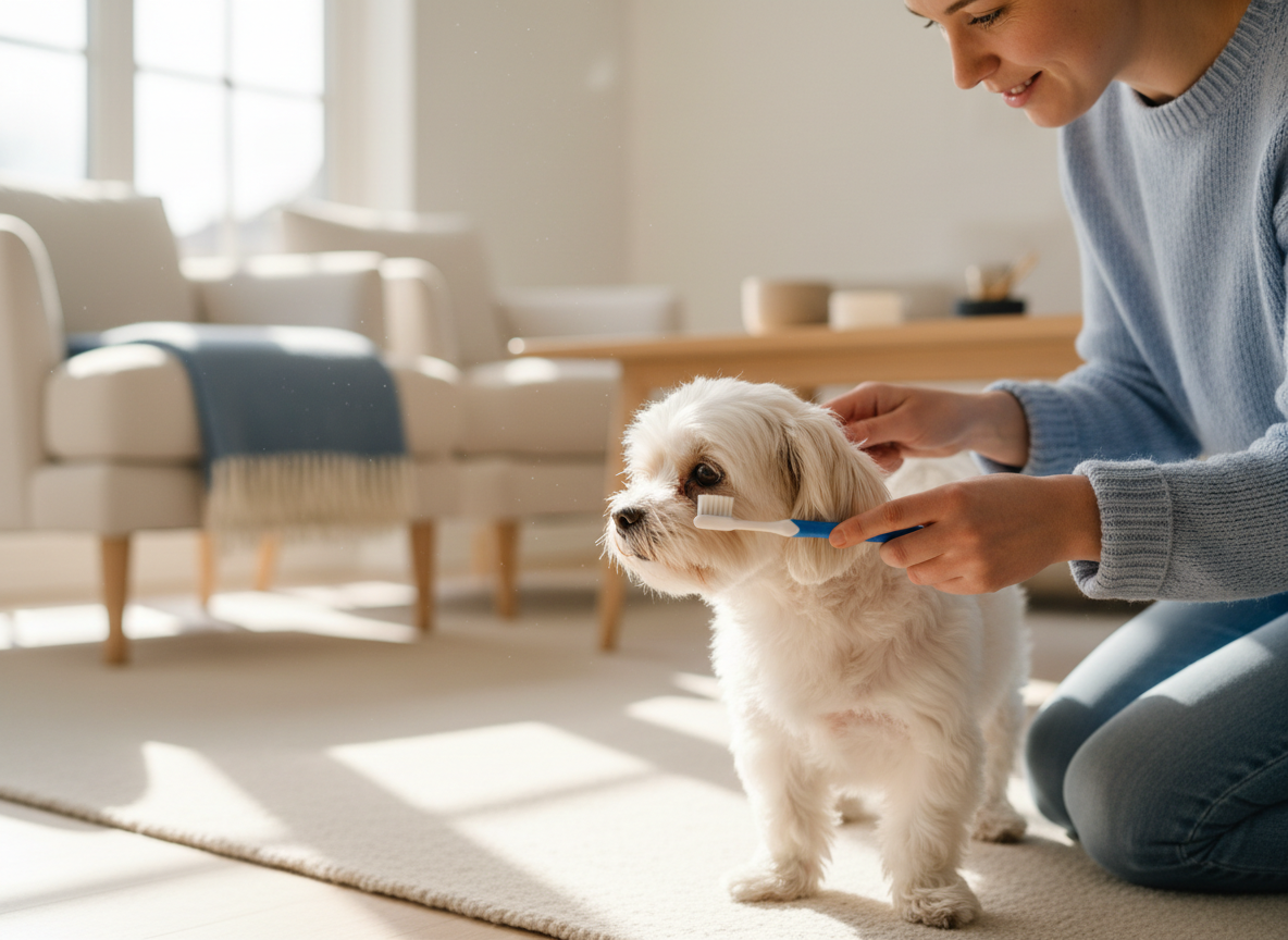 Persona che prova a lavare i denti a un cane che gira la testa