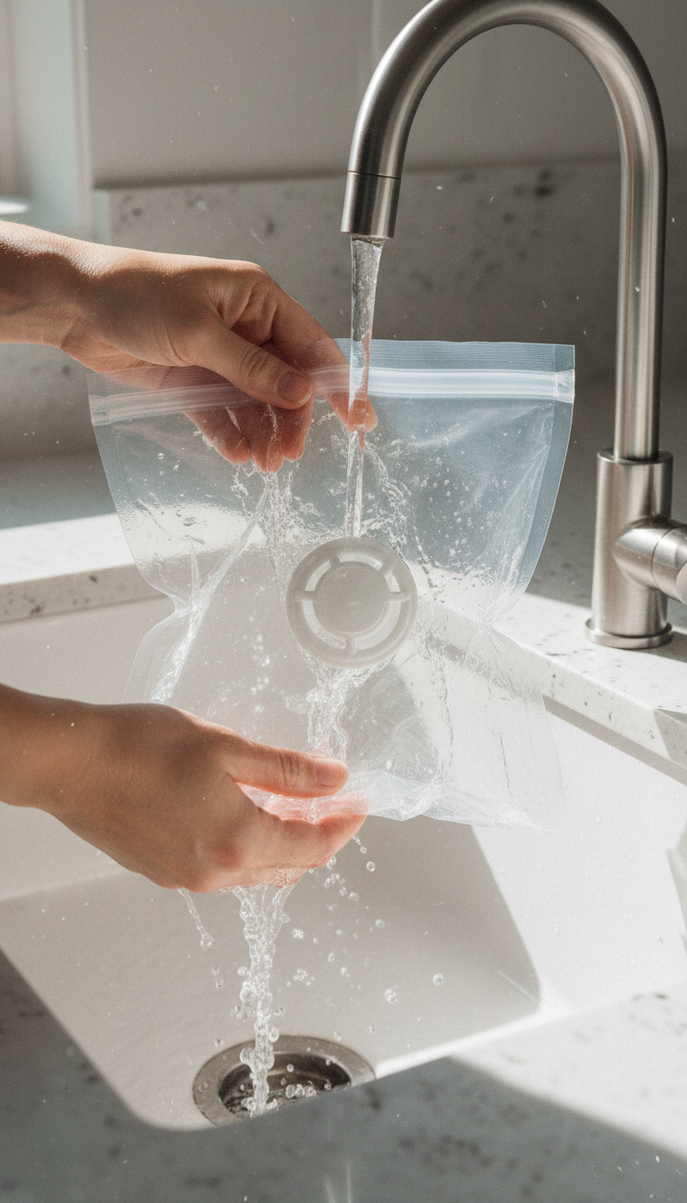 Rinsing a reusable vacuum bag under the kitchen tap