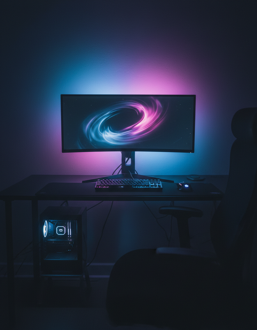 Minimal gaming desk setup with RGB LED backlight glowing behind the monitor