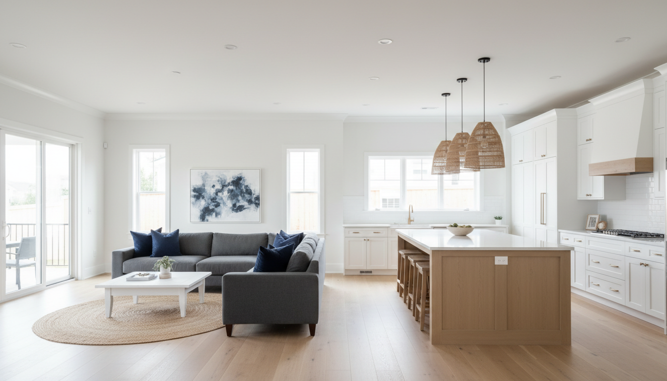 Bright, freshly cleaned modern living room and kitchen
