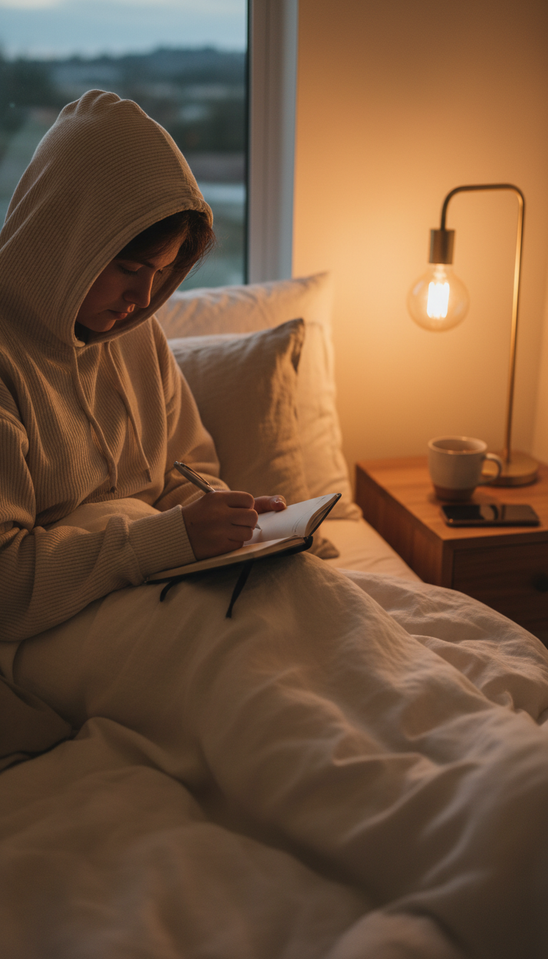 A young adult journaling in bed by lamplight with their phone face down