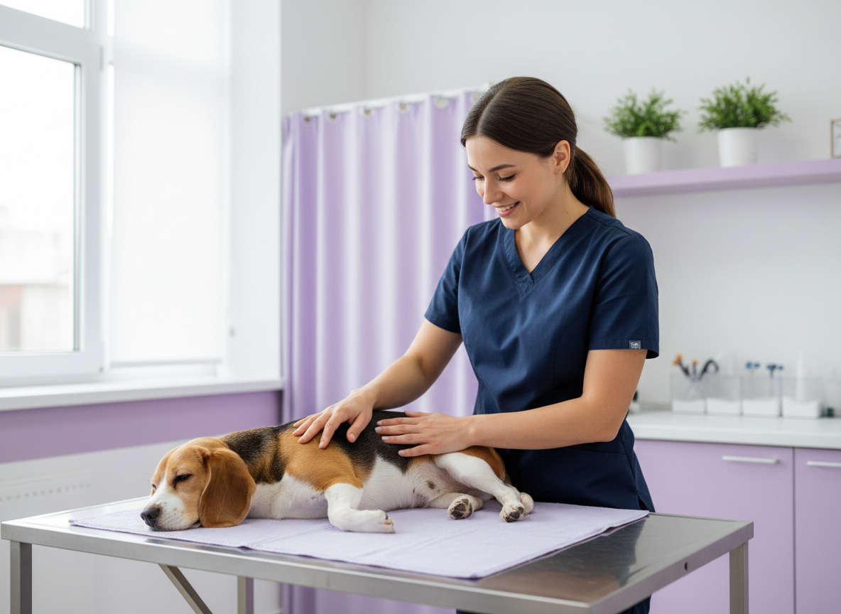 Veterinario che palpa delicatamente la pancia di un beagle sul tavolo da visita