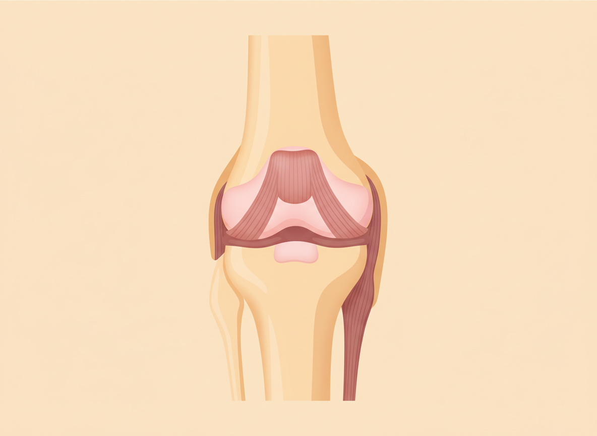 Illustration of a healthy knee joint with thick, intact cartilage cushioning the bones