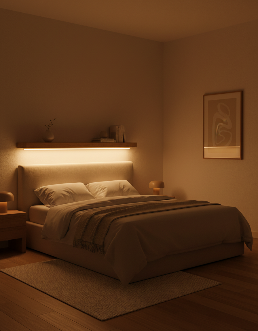 Bedroom at night with an LED neon strip glowing warm amber behind the headboard and under a shelf