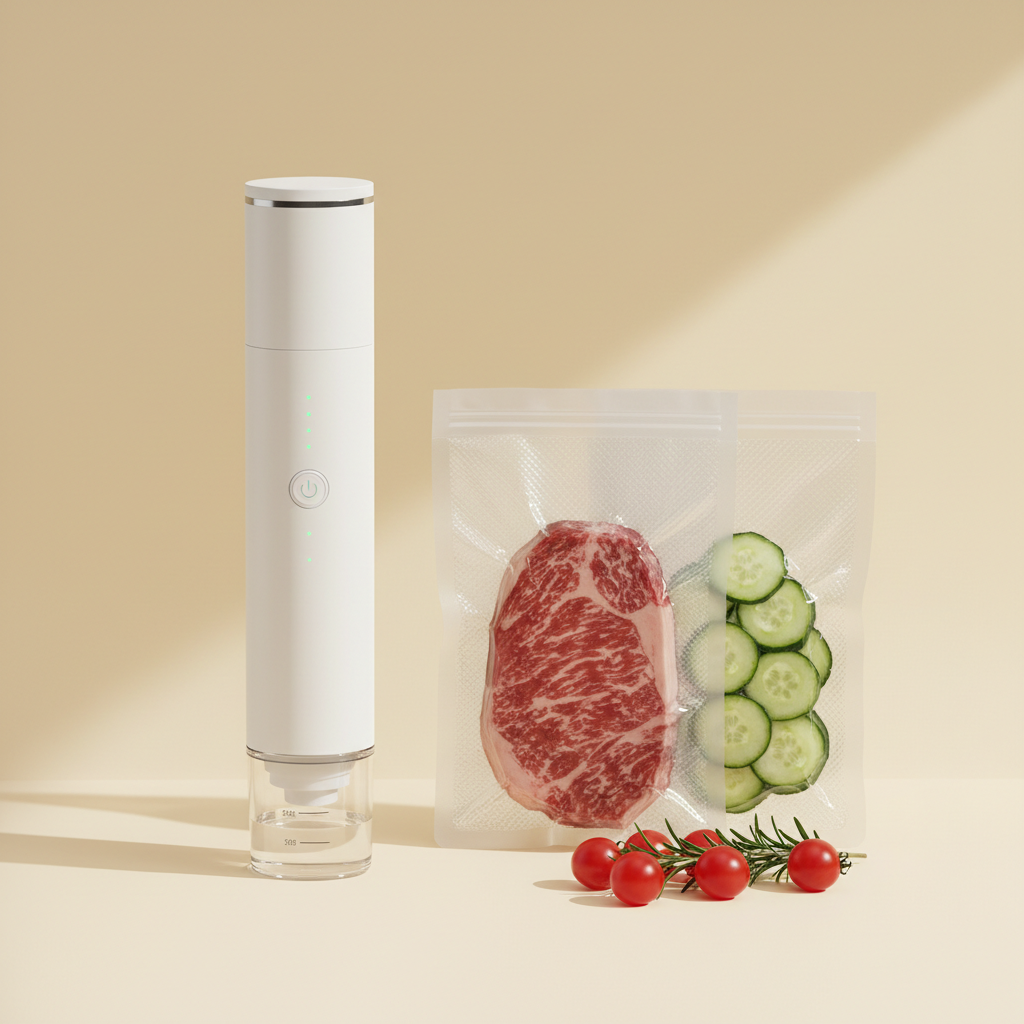 Handheld cordless vacuum sealer beside vacuum-sealed steak and cucumbers