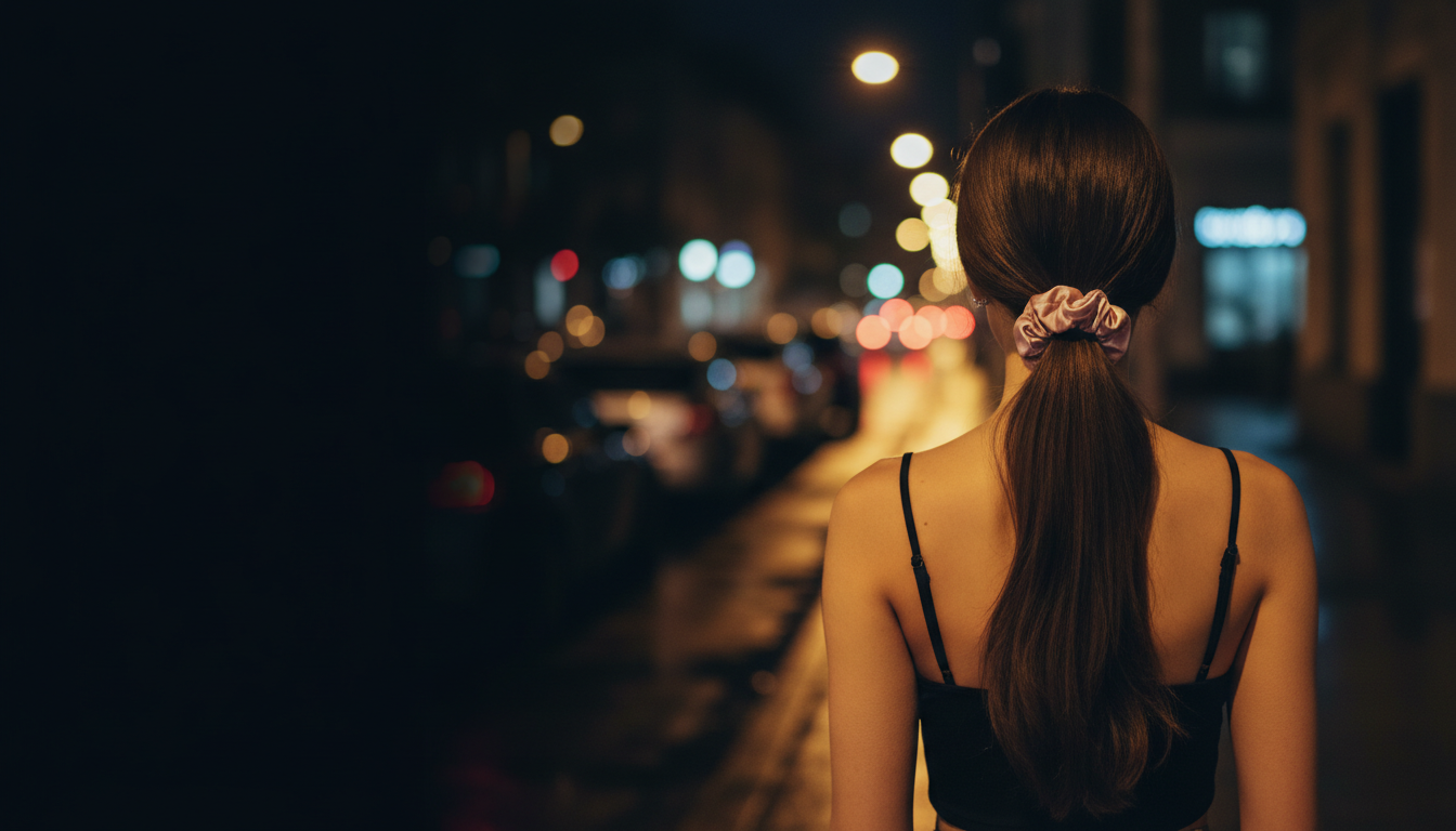 Woman with glossy hair tied in a satin scrunchie on a city street at night