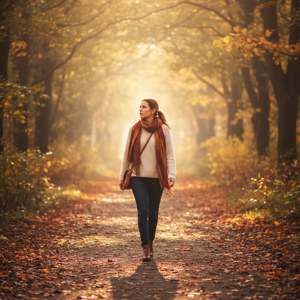 Woman walking an autumn path looking clear-headed