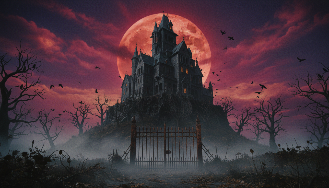 Gothic mansion on a foggy hill under a blood-red moon, surrounded by dead trees