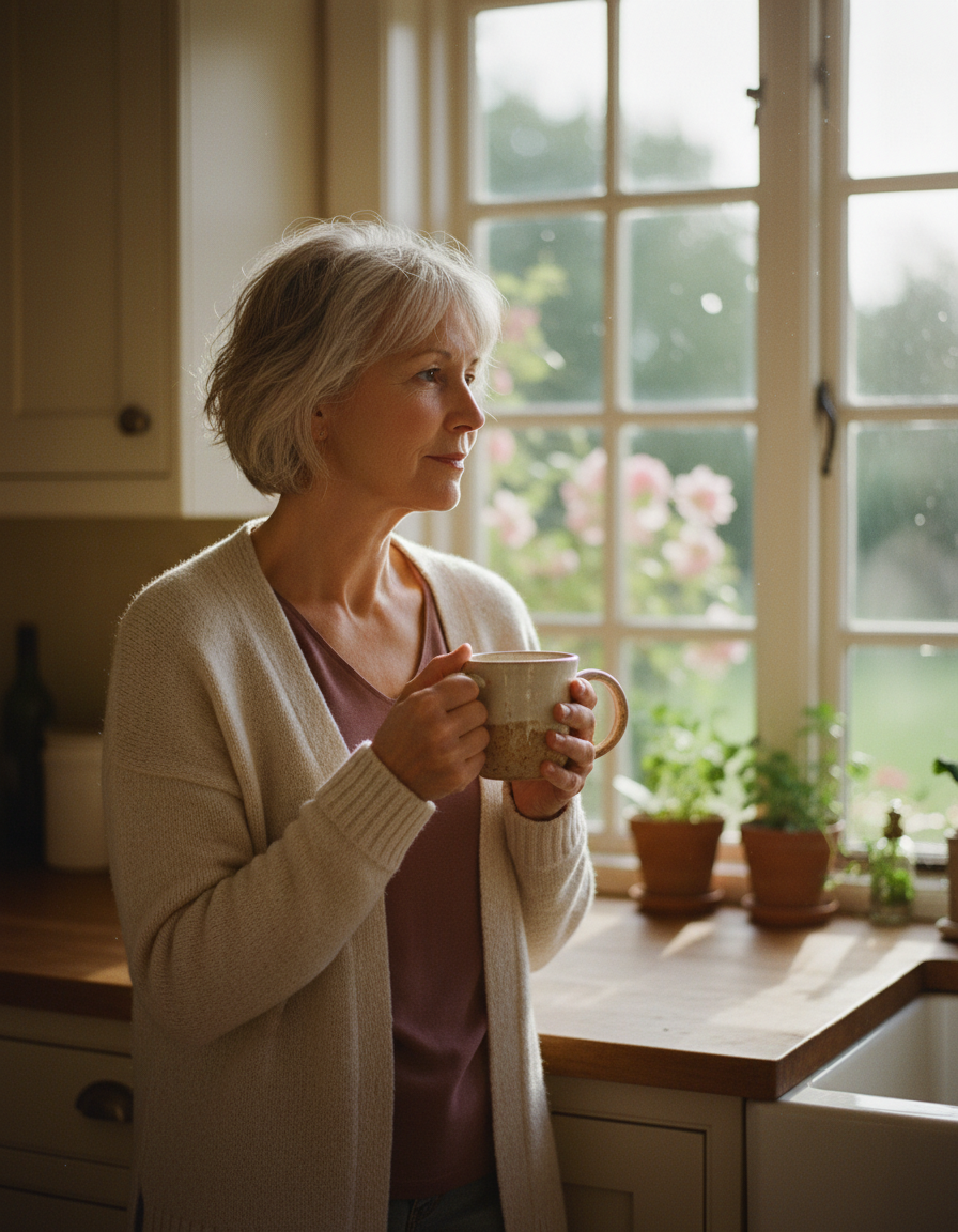 A woman in her sixties holding a coffee mug at a sunny kitchen window in the morning