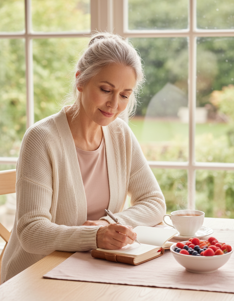 A woman in her sixties writing in a notebook at a sunny breakfast table with tea