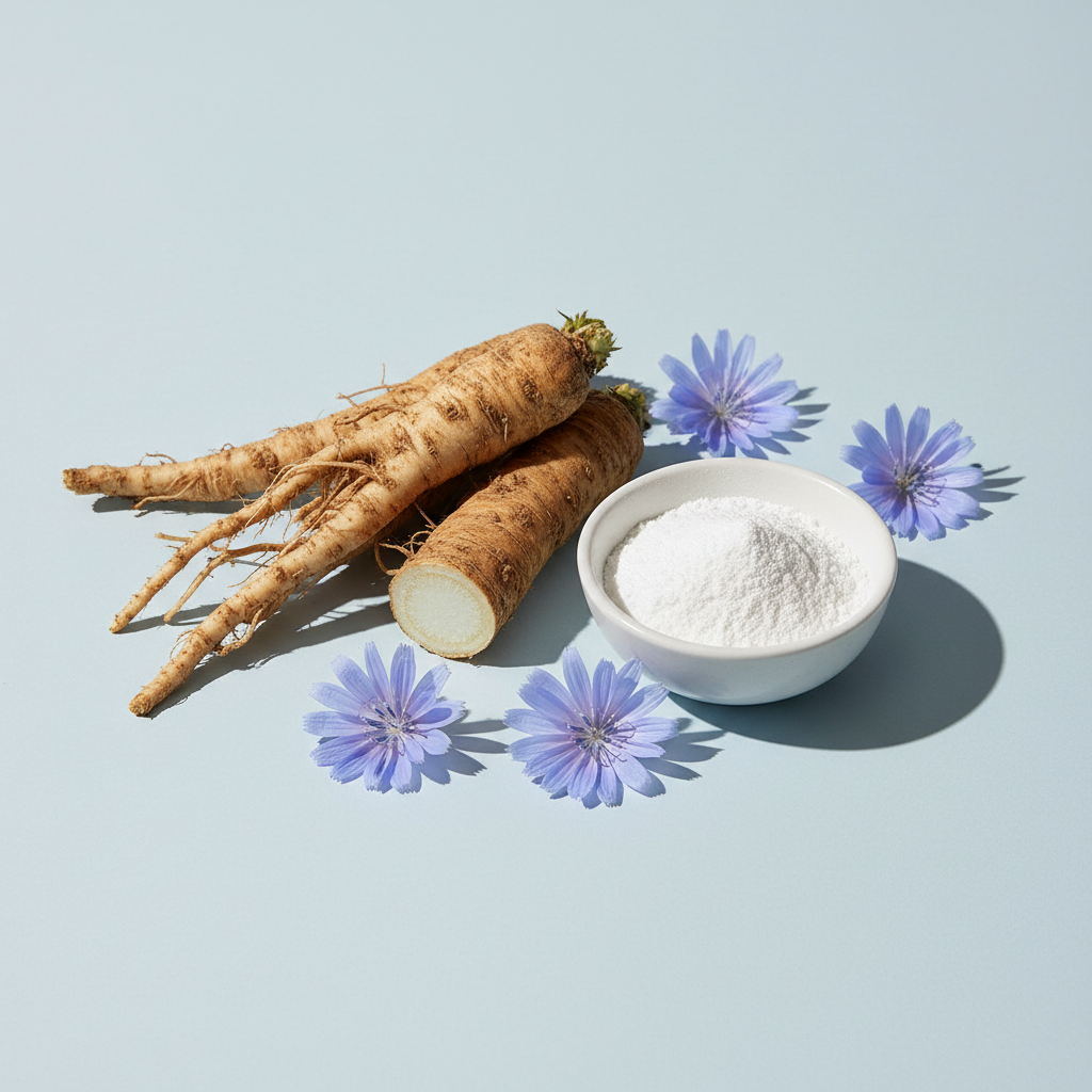 Radice e fiori di cicoria con polvere di inulina