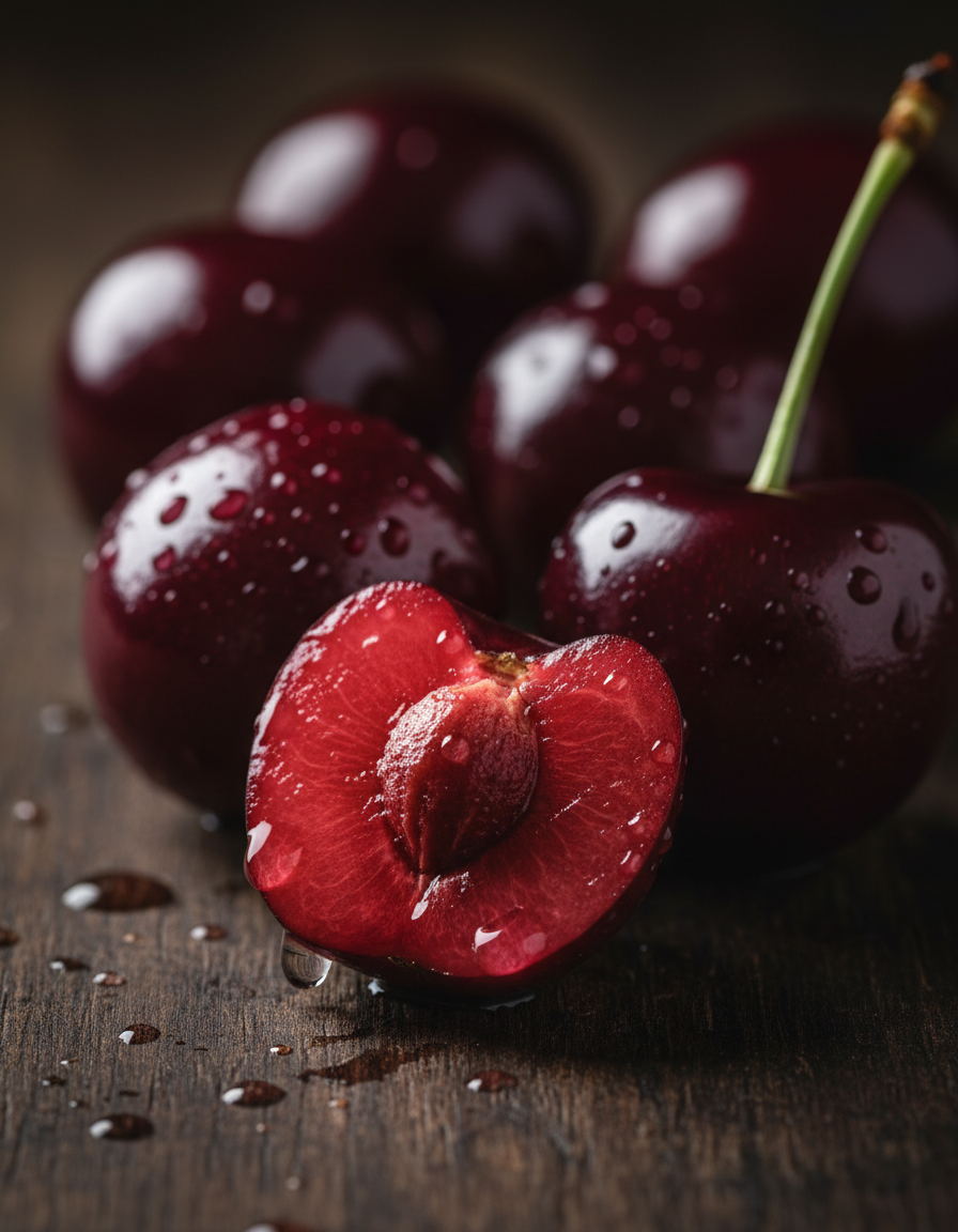 Close-up of glossy dark red Montmorency tart cherries