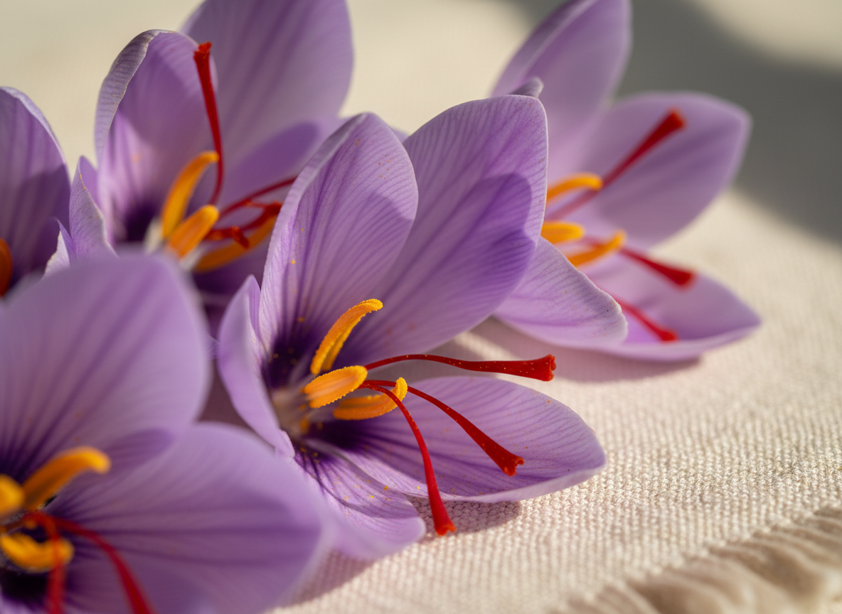 Purple crocus sativus flowers with red saffron stigmas
