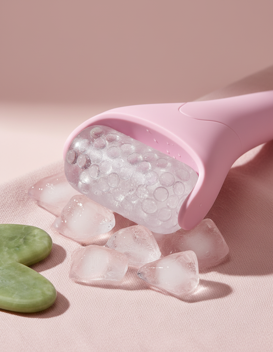 Närbild av rullhuvudet med klara, genomskinliga gelkulor bredvid isbitar