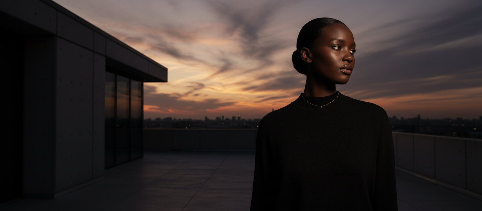 Woman in a black knit at sunset wearing the A/M LUXURY dainty diamond choker