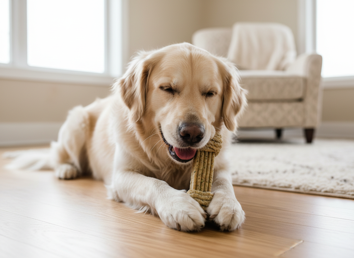 Cane che mastica uno snack dentale a forma di osso