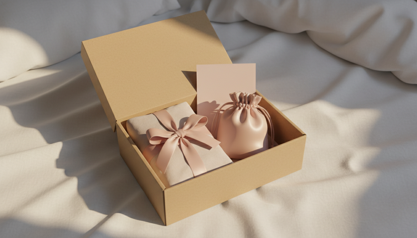 Open gift box with a ribbon-tied satin set on white bedding