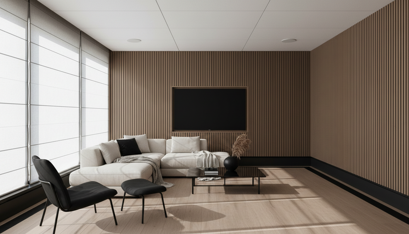 Bright family media room with a flush-mounted TV in a walnut slatted wall and hidden ceiling speakers