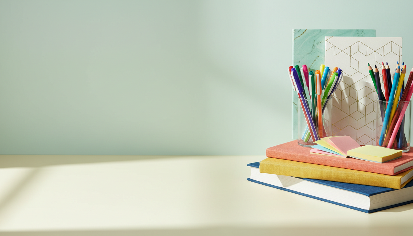 Stack of books, notebooks, pens and colored pencils