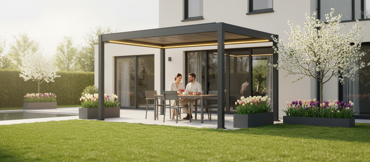 Koppel ontbijt op de eerste lentedag onder een Skyggo pergola in een moderne tuin